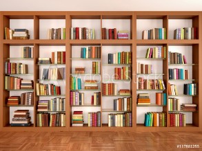 Bild på Wooden and glass shelves with different books Library 3d illus
